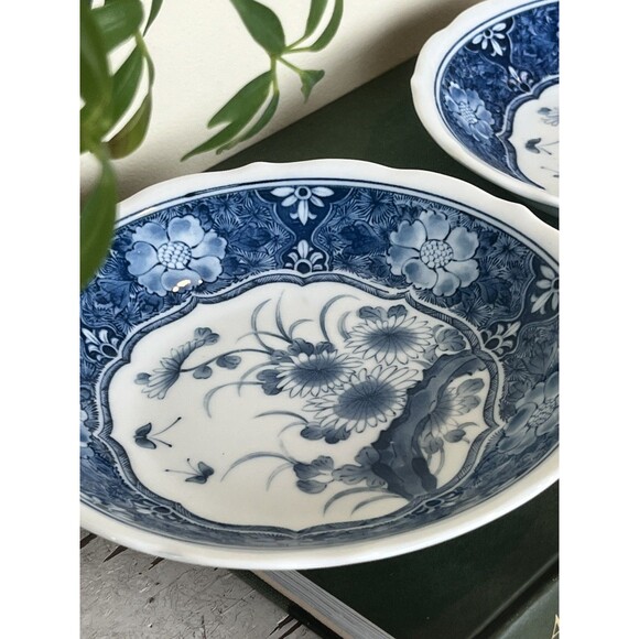 Vintage Japanese Set Of 2 Rice Soup Bowl Blue/White Flowers Design Home Decor - Picture 10 of 10